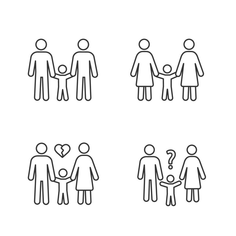 Child custody linear icons set. Thin line contour symbols. Parenthood. LGBT families. Same sex parenting, divorce, child custody evaluation. Isolated vector outline illustrations. Editable stroke