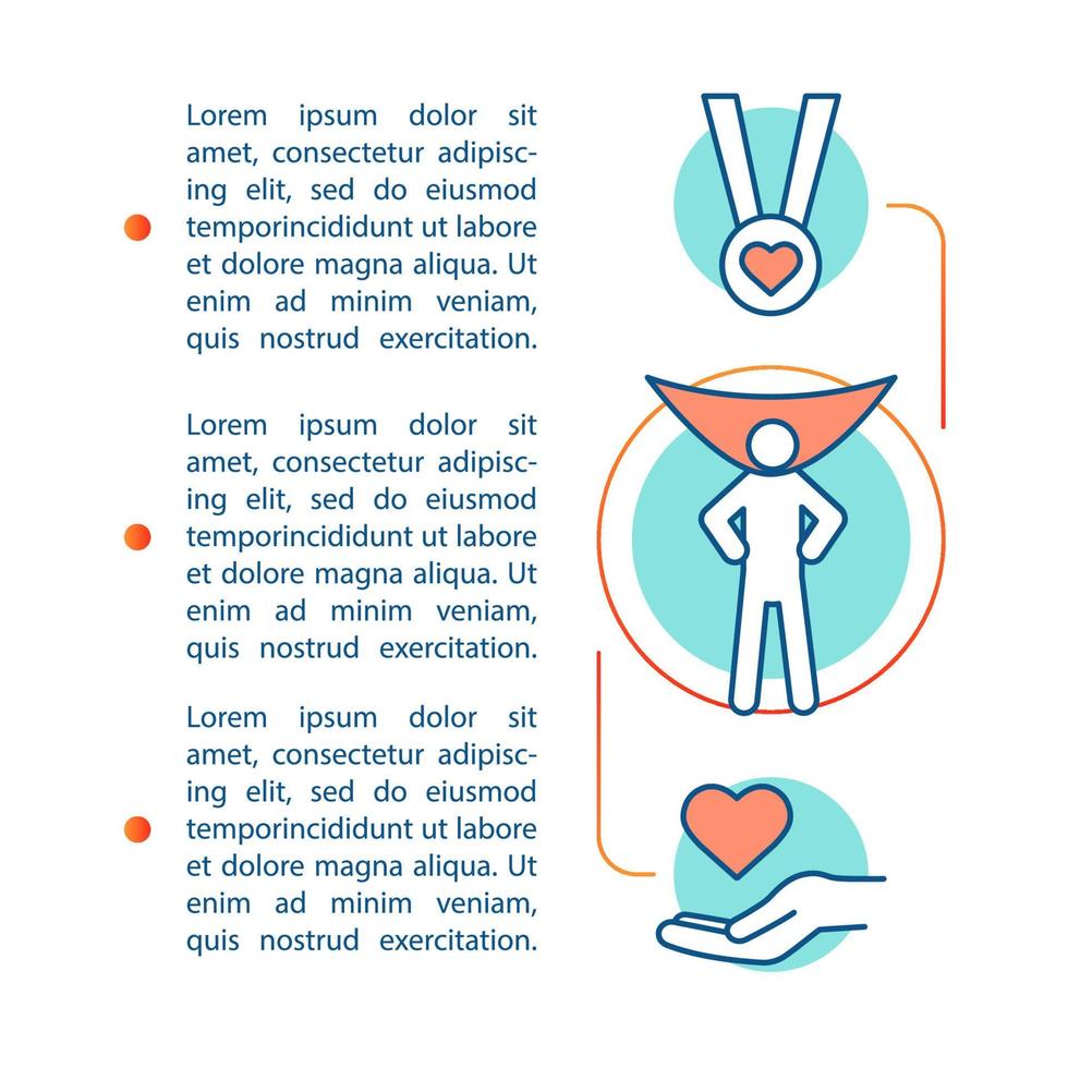 Sponsorship article page vector template. Charity. Charitable foundation. Volunteering. Brochure, magazine, booklet design with linear icons and text boxes. Print design. Concept with text space