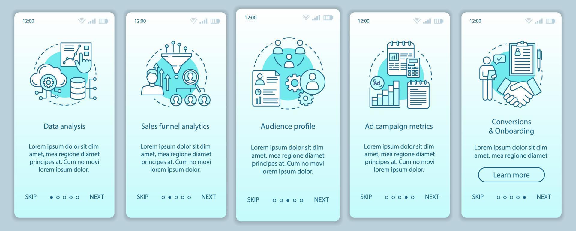 SMM courses onboarding mobile app page screen vector template. Marketing walkthrough website steps with linear illustrations. Ad targeting options. UX, UI, GUI smartphone interface concept