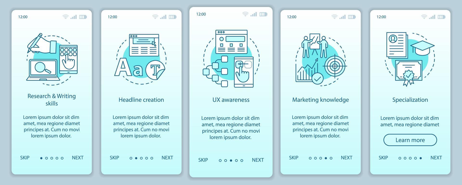 Cursos de marketing digital incorporación de plantilla de vector de pantalla de página de aplicación móvil. sitio web de tutorial de redacción publicitaria. creación de contenido. promoción, redacción de textos publicitarios. interfaz de teléfono inteligente ux, ui, gui