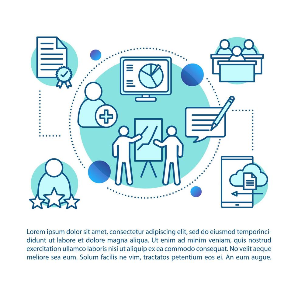 Teamwork concept linear illustration. Business presentation, training. Article, brochure, magazine page. Business coaching. Thin line icons with text boxes. Print design. Vector outline drawing