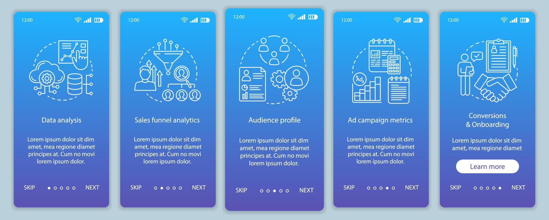 SMM metrics courses onboarding mobile app page screen vector template. Social media marketing. Sales conversions. Advertising campaign. Walkthrough website steps. UX, UI, GUI smartphone interface