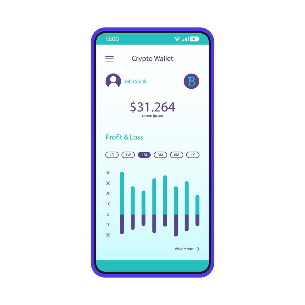 Cryptocurrency trading app smartphone interface vector template. Crypto market, exchange platform. Mobile application page design layout. Transactions and wallet balance screen. Flat UI. Phone display