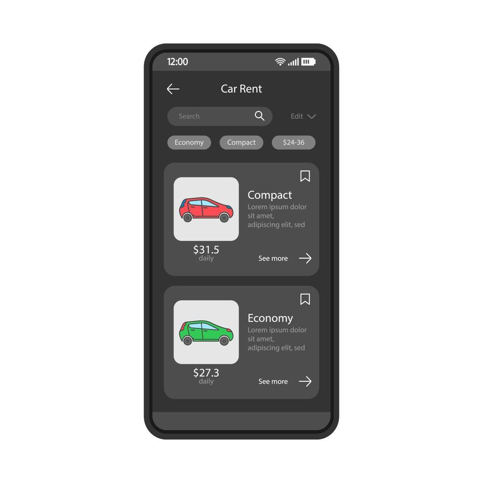 plantilla de vector de interfaz de aplicación de alquiler de coches. Diseño de interfaz de aplicación móvil en negro. Aplicación para smartphone de alquiler de automóviles. ui plana. pantalla del teléfono con precios de servicio de carpooling