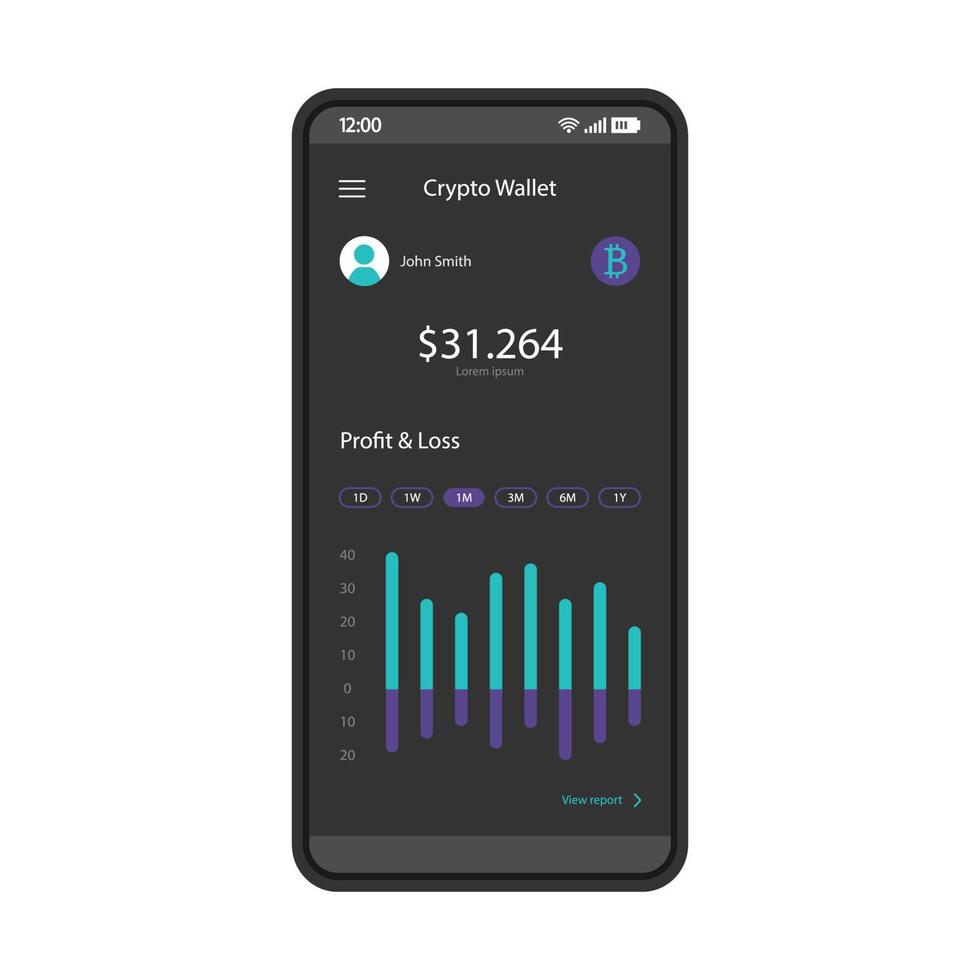 Crypto wallet app smartphone interface vector template. Cryptocurrency trading and exchange platform. Mobile application page design layout. Market balance and financial statistics screen. Flat UI