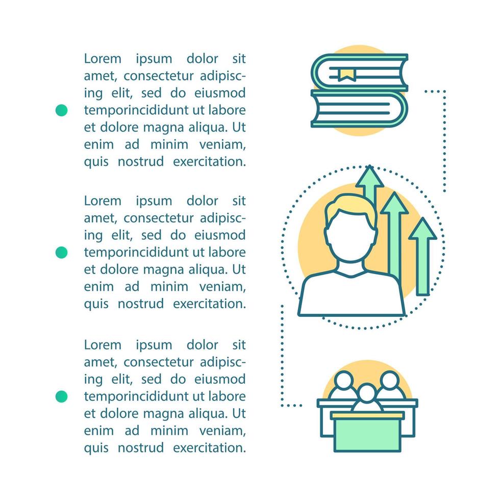 Personal growth article page template. Self development. Brochure, magazine, booklet design with icons and text boxes. Skill improvement. Personal and professional success. Concept with text space vector