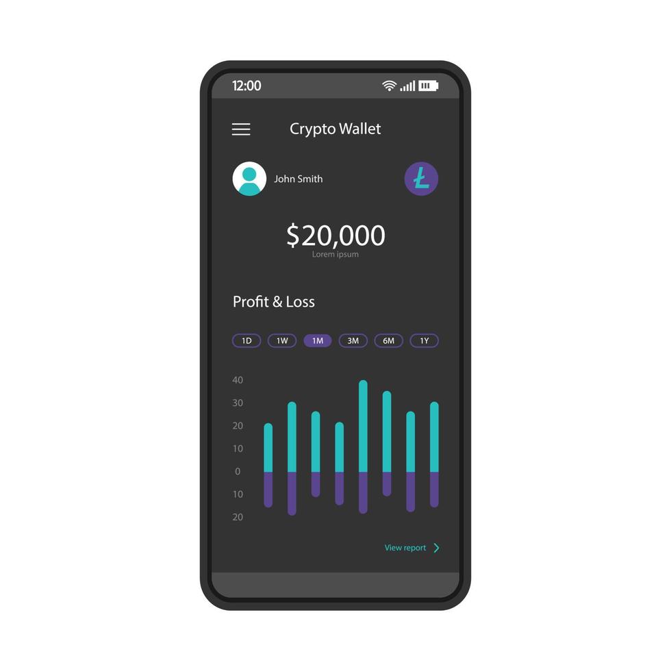 Cryptocurrency trading statistics app smartphone interface vector template. Crypto wallet and exchange platform. Mobile application page black design layout. Stock market statistics screen. Flat UI