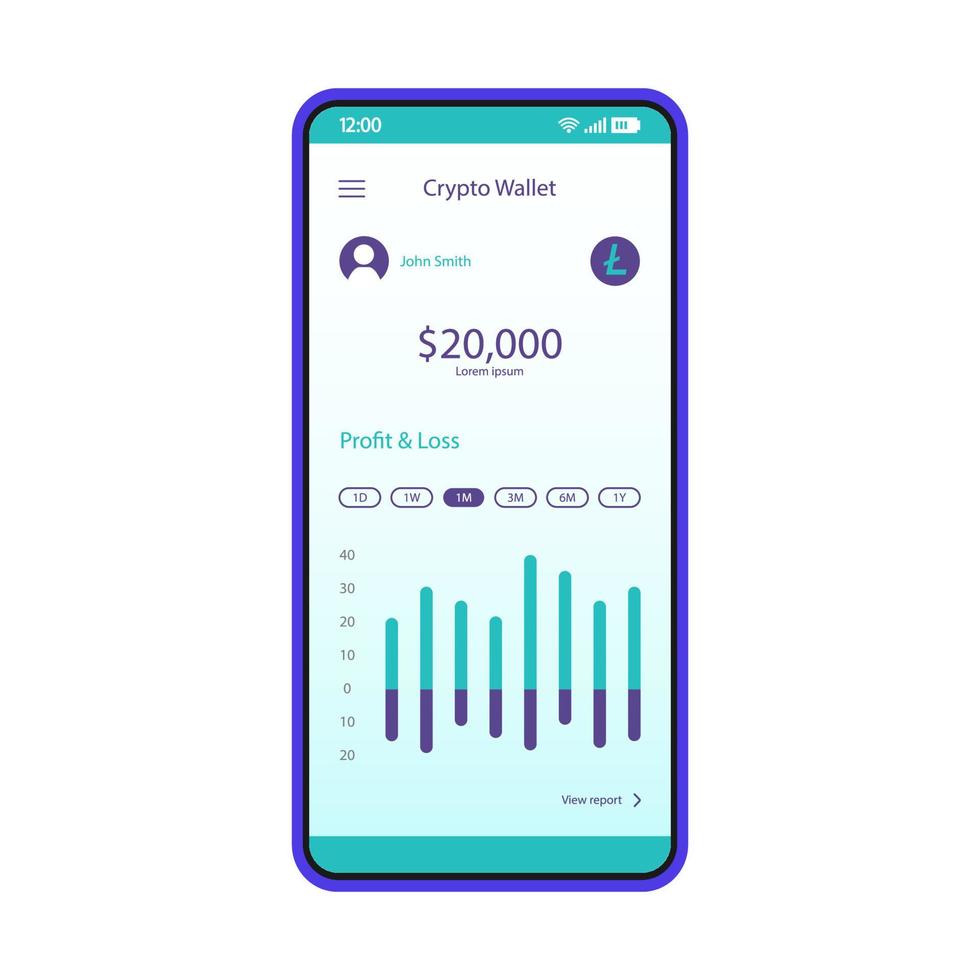 Crypto wallet balance app smartphone interface template. Cryptocurrency trading and exchange platform. Mobile application page design layout. Stock market statistics screen. Flat UI. Phone display vector