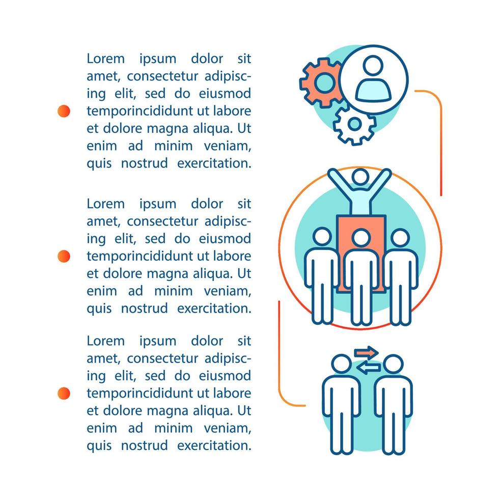 Volunteering team article page vector template. Volunteer training. Brochure, magazine, booklet design element with linear icons and text boxes. Print design. Concept illustrations with text space