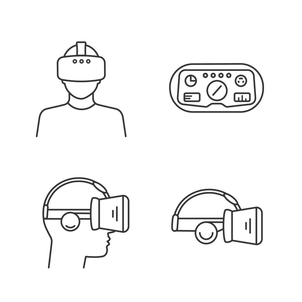 conjunto de iconos lineales de realidad virtual. símbolos de contorno de línea fina. reproductores de realidad virtual, auriculares hud, gafas con auriculares integrados. ilustraciones de contorno de vector aislado. trazo editable