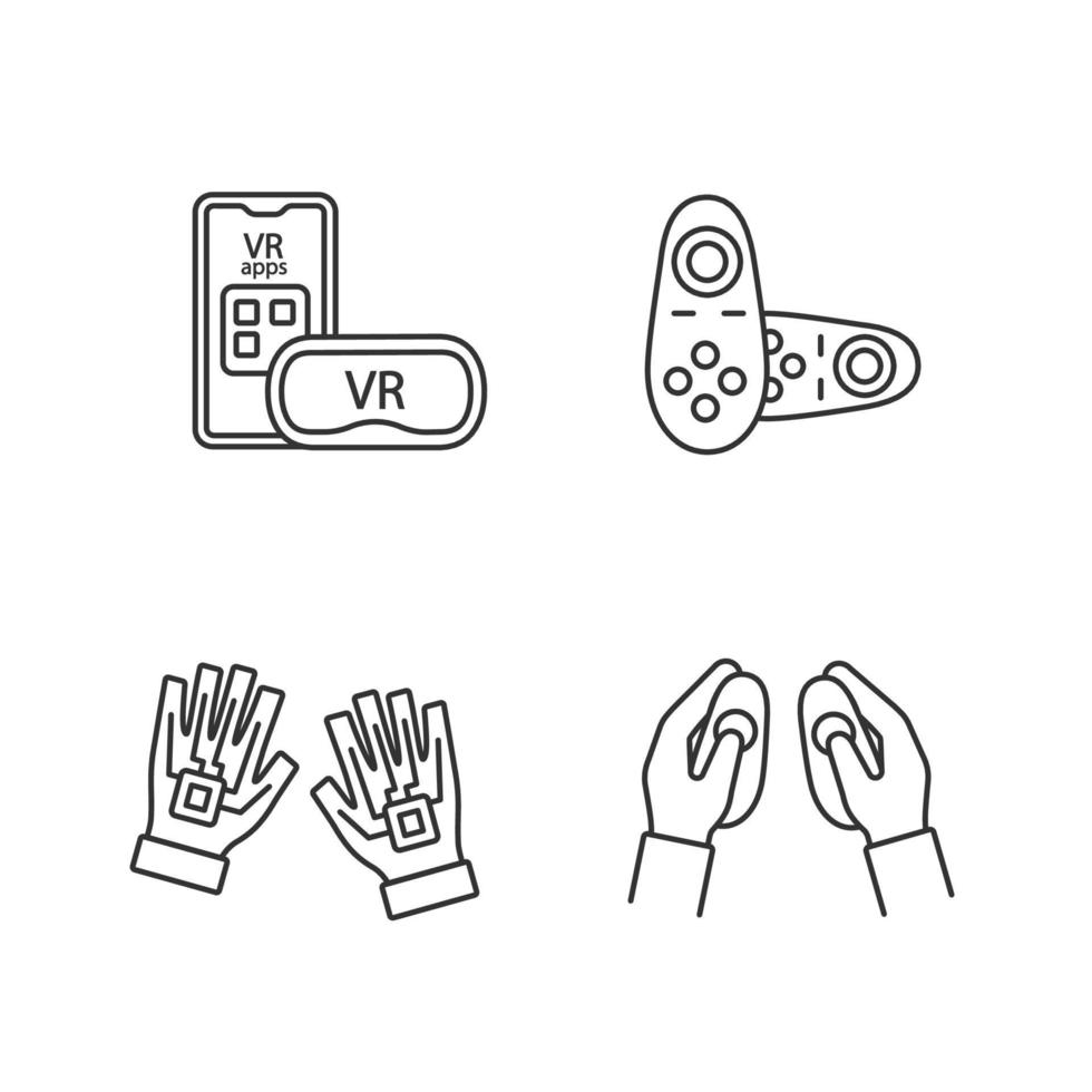 Virtual reality devices linear icons set. Thin line contour symbols. Smartphone VR headset, wireless controllers, haptic gloves. Isolated vector outline illustrations. Editable stroke