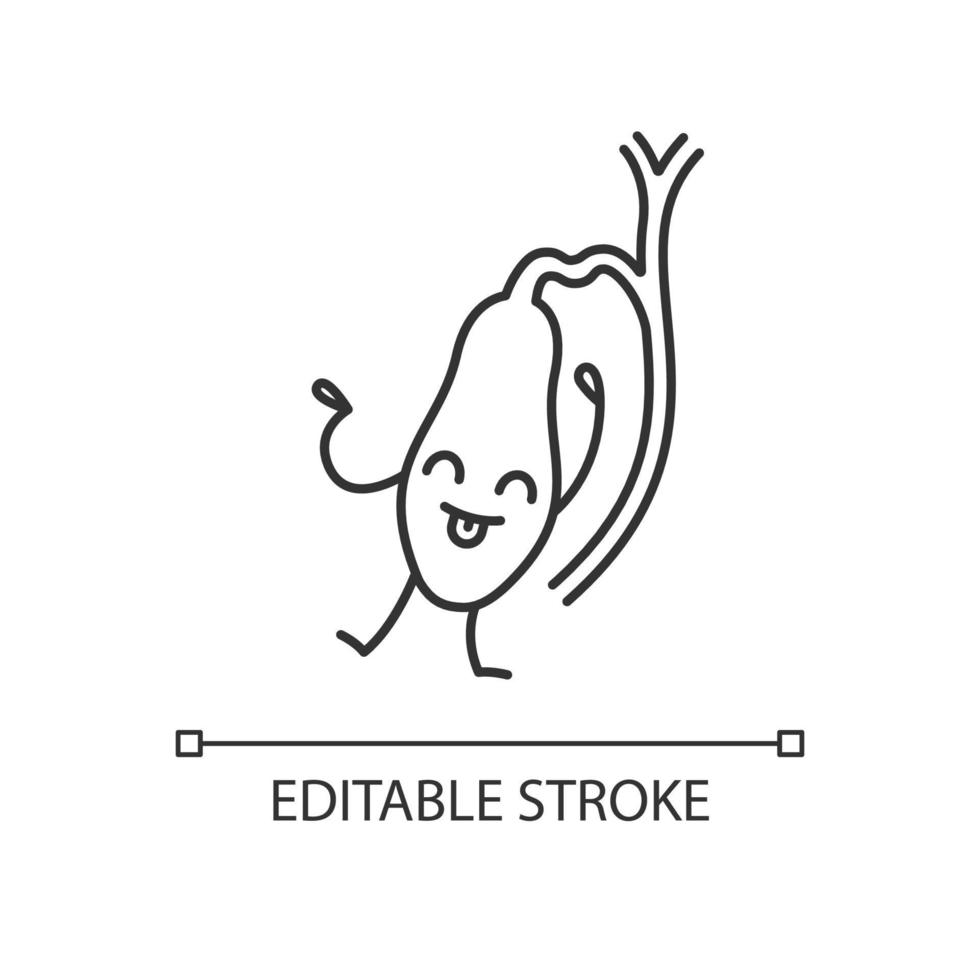 Happy gallbladder emoji linear icon. Thin line illustration. Healthy digestive system. Gallbladder health. Contour symbol. Vector isolated outline drawing. Editable stroke
