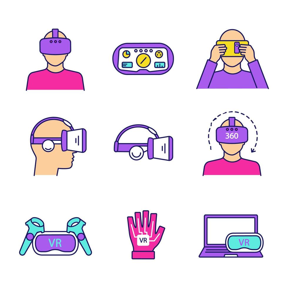 Virtual reality color icons set. VR games players, headsets, controllers, HUD, glove, computer, video. Virtual reality devices. Isolated vector illustrations