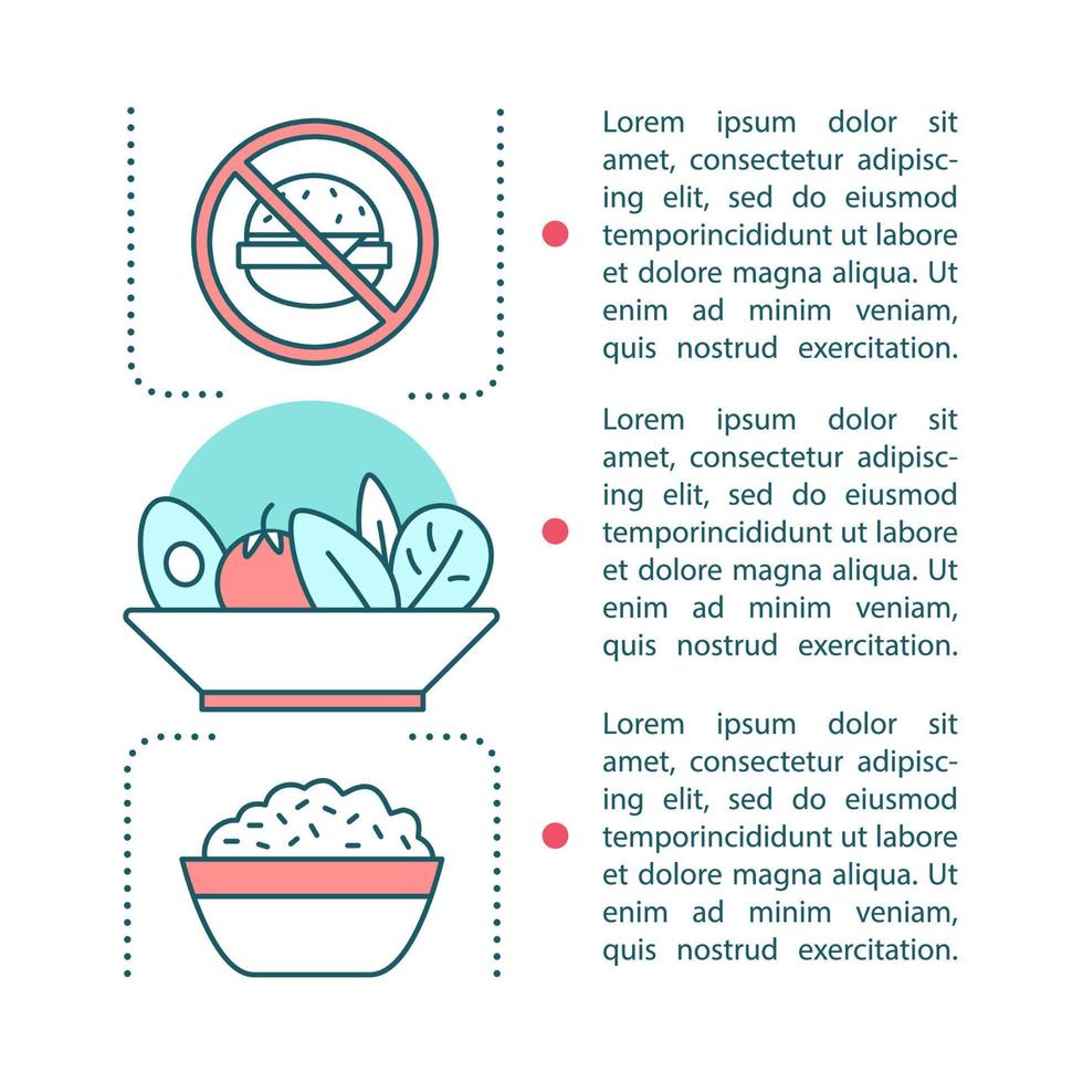 Healthy nutrition article page vector template. Diet, eaing. Brochure, magazine, booklet design with text boxes. Stop unhealthy food. Print design. Meal preparation. Concept illustrations