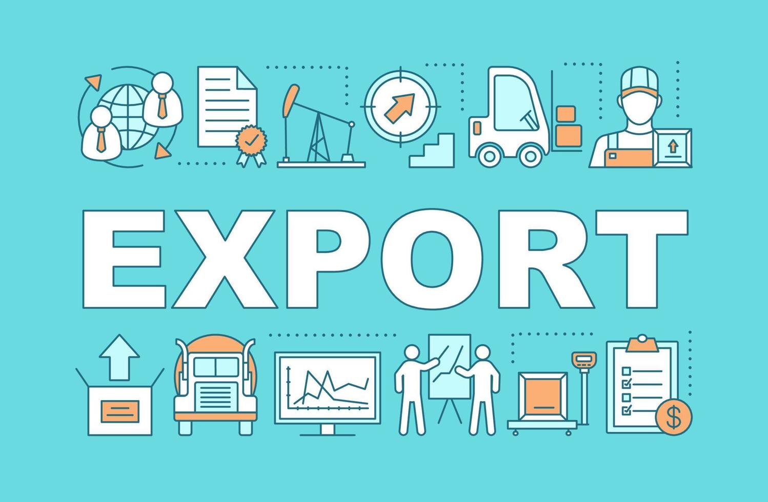 Export word concepts banner. Logistics and distribution. International shipping. Worldwide trading. Presentation, website. Isolated lettering typography with linear icons. Vector outline illustration