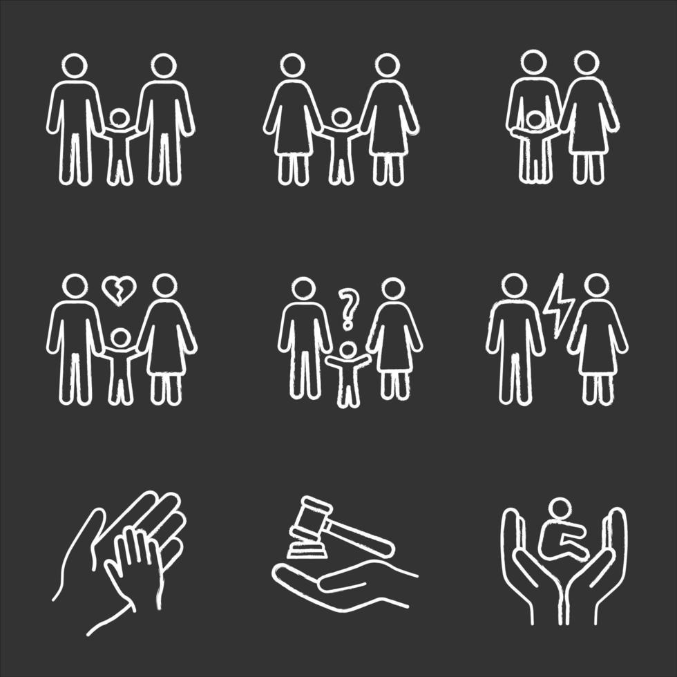 Child custody chalk icons set. Adoption and orphanage. Childcare. Gay and lesbian parents, divorce, quarrel, orphan, family court. Isolated vector chalkboard illustrations