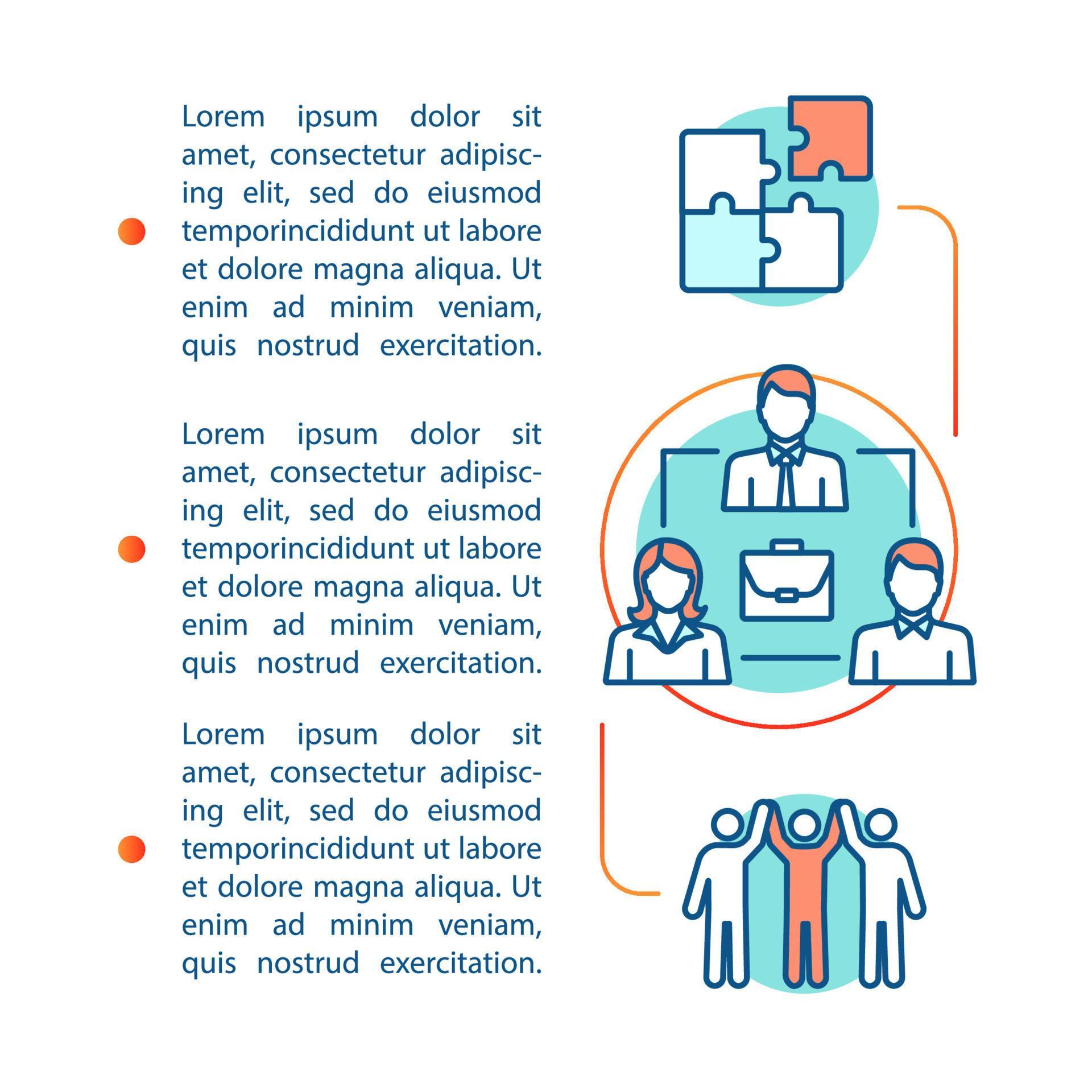 Teamwork article page vector template. Staff management. Partnership. Brochure, magazine