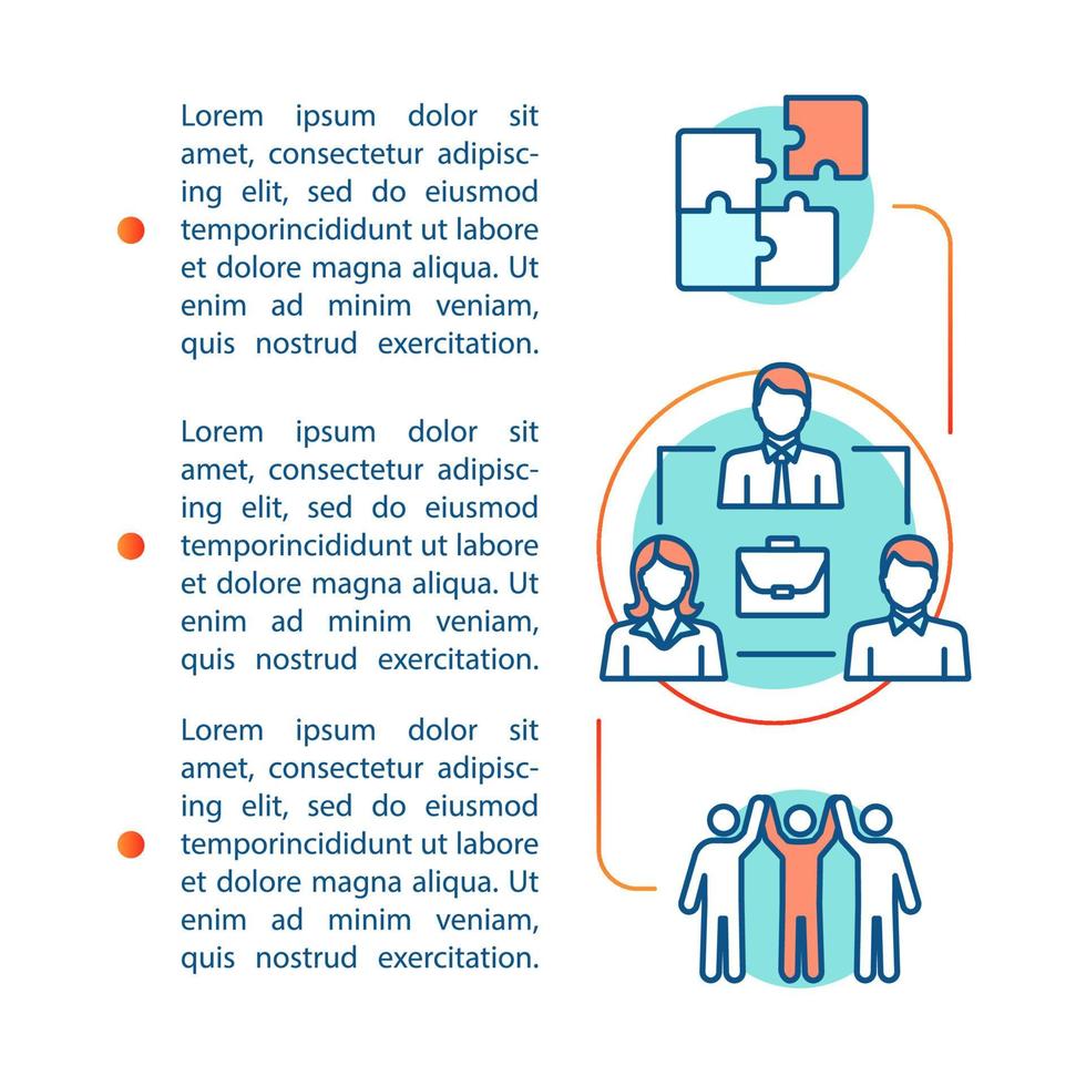 Teamwork article page vector template. Staff management. Partnership. Brochure, magazine, booklet design element with linear icons and text boxes. Print design. Concept illustrations with text space
