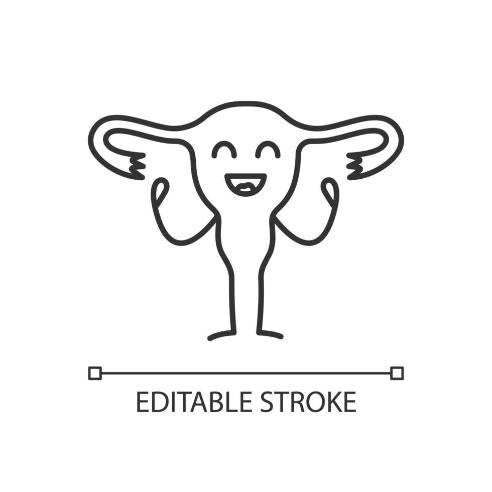 Smiling uterus character linear icon. Thin line illustration. Women s health. Fertility. Healthy female reproductive system. Contour symbol. Vector isolated outline drawing. Editable stroke