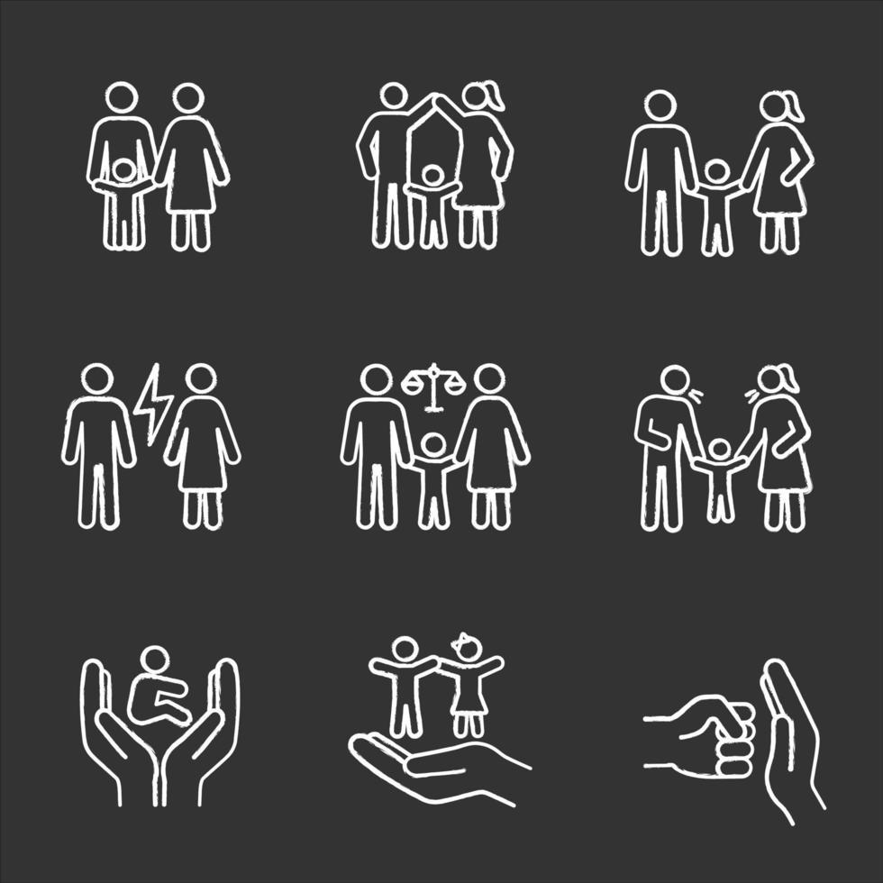 Child custody chalk icons set. Childcare. Family court, quarrel, parents scolding child, children protection and rights, domestic violence. Isolated vector chalkboard illustrations