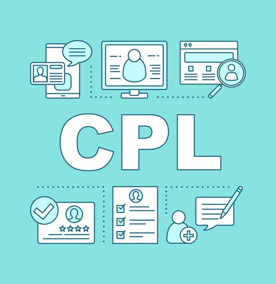 Customer loyalty program word concepts banner. CPL. Presentation, website. Marketing strategy. Cost per lead. Isolated lettering typography idea with linear icons. Vector outline illustration