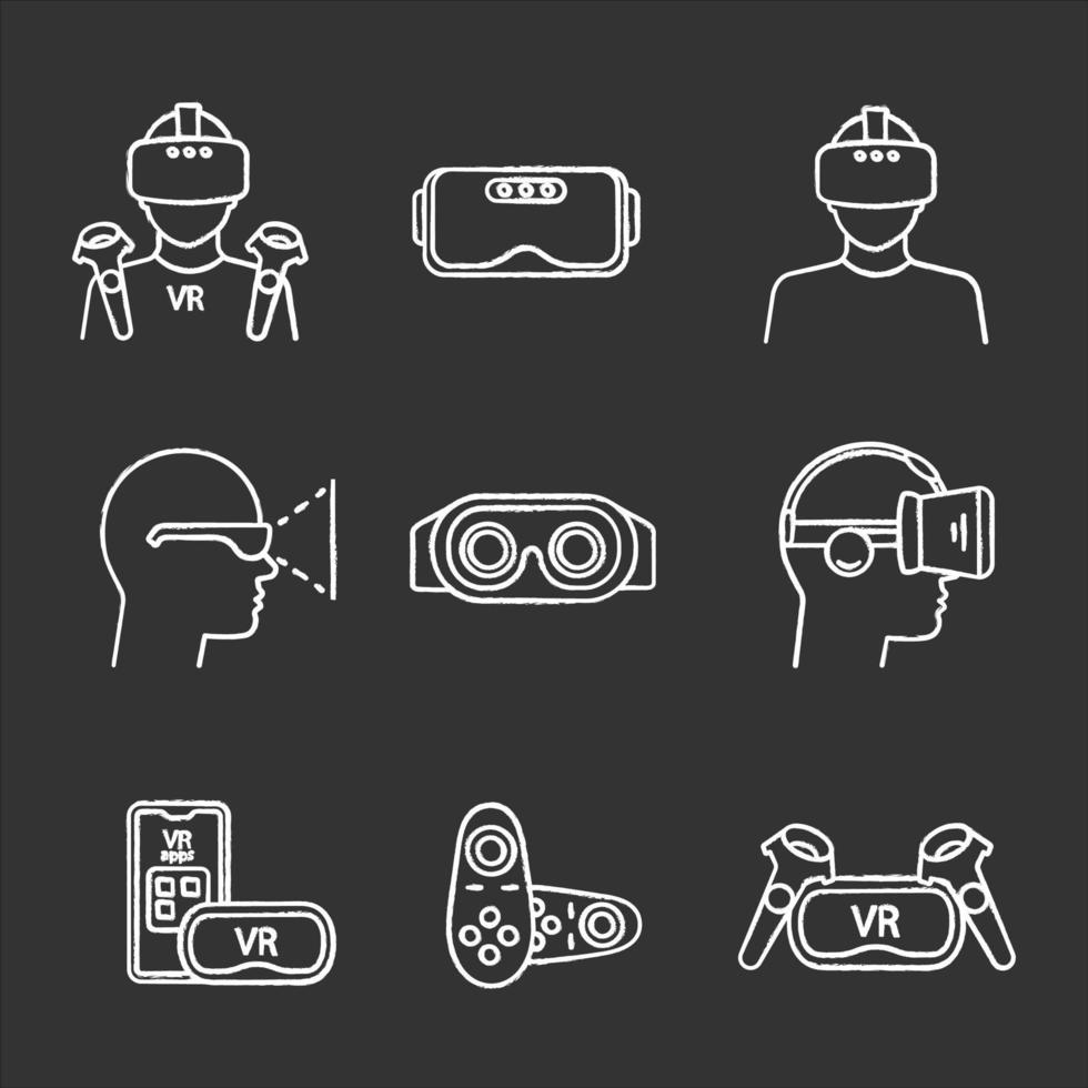 conjunto de iconos de tiza de realidad virtual. reproductores de juegos vr, auriculares, controladores, aplicaciones para teléfonos inteligentes. dispositivos de realidad virtual. ilustraciones de pizarra vector aislado