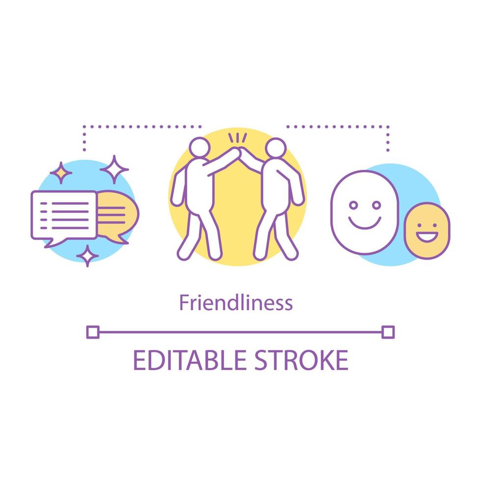 Friendliness concept icon. Friendship idea thin line illustration. Colleagues, coworkers, friends. Communication skills. Vector isolated outline drawing. Editable stroke