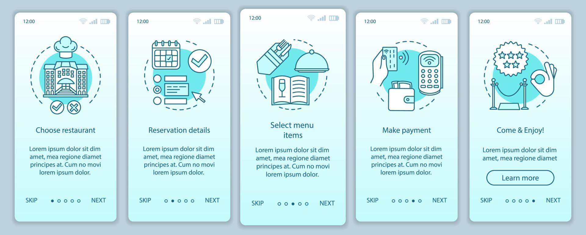 Restaurant onboarding mobile app page screen vector template. Event guest meal. Cafe dinner menu. Walkthrough website steps with linear illustrations. UX, UI, GUI smartphone interface concept