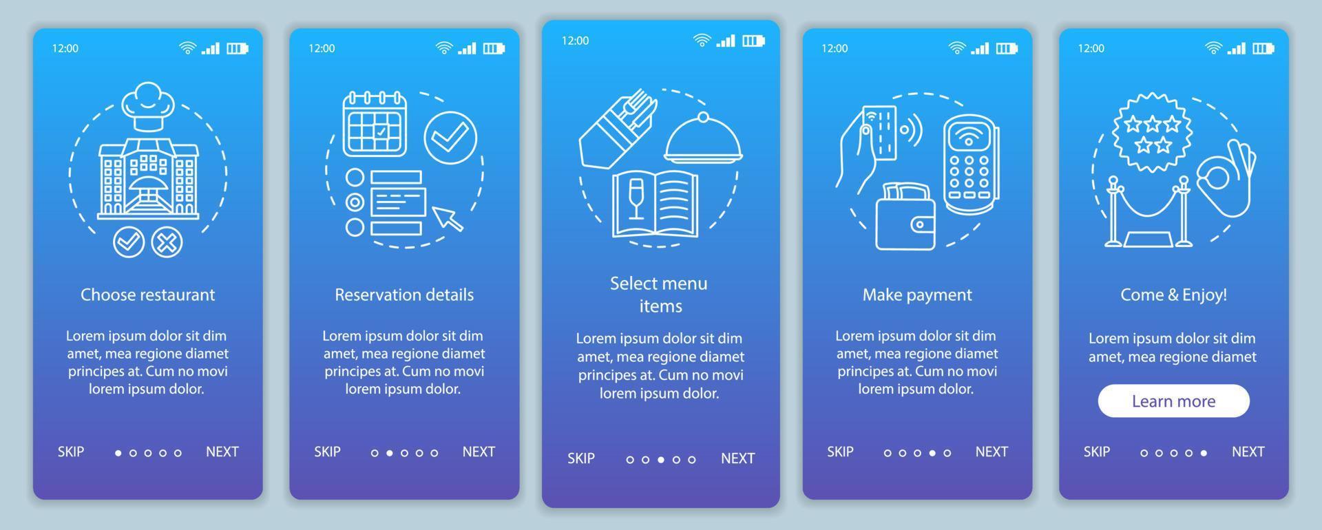 Restaurant onboarding mobile app page screen vector template. Event guest cafe meal. Coulsine dinner menu. Walkthrough website steps with linear illustrations. UX, UI, GUI smartphone interface concept