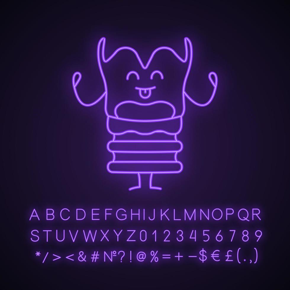Happy larynx character neon light icon. Smiling voice box emoji. Healthy larynx. Respiratory system health. Glowing sign with alphabet, numbers and symbols. Vector isolated illustration