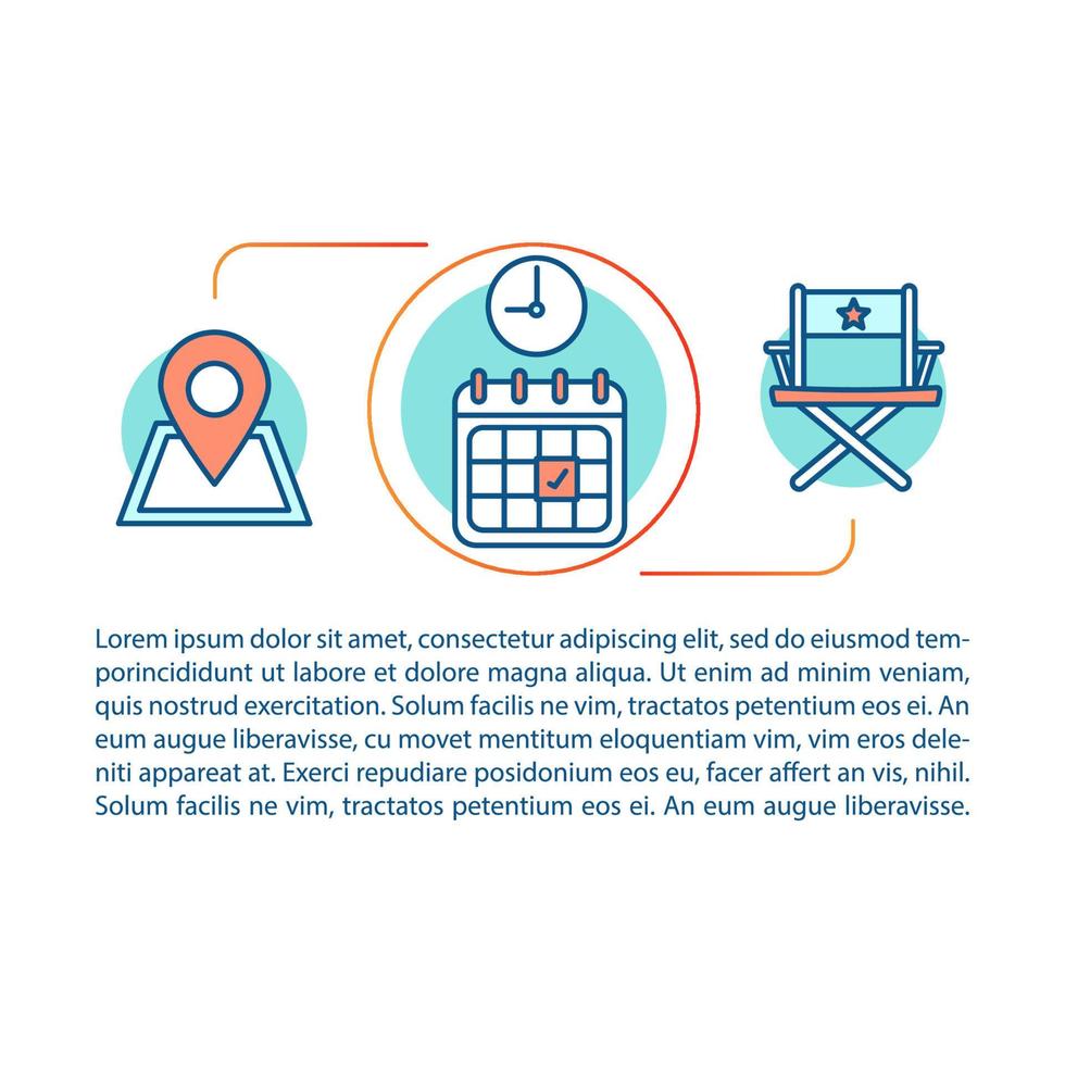 Event concept linear illustration. Performance show. Filming movie release date deadline. Checklist term. Article page. Thin line icons with text. Print design. Vector isolated outline drawing