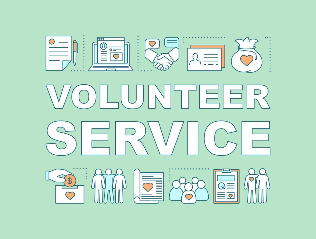 Volunteer service word concepts banner. Sponsorship. Presentation, website. Charitable fundraising. Isolated lettering typography idea with linear icons. Vector outline illustration