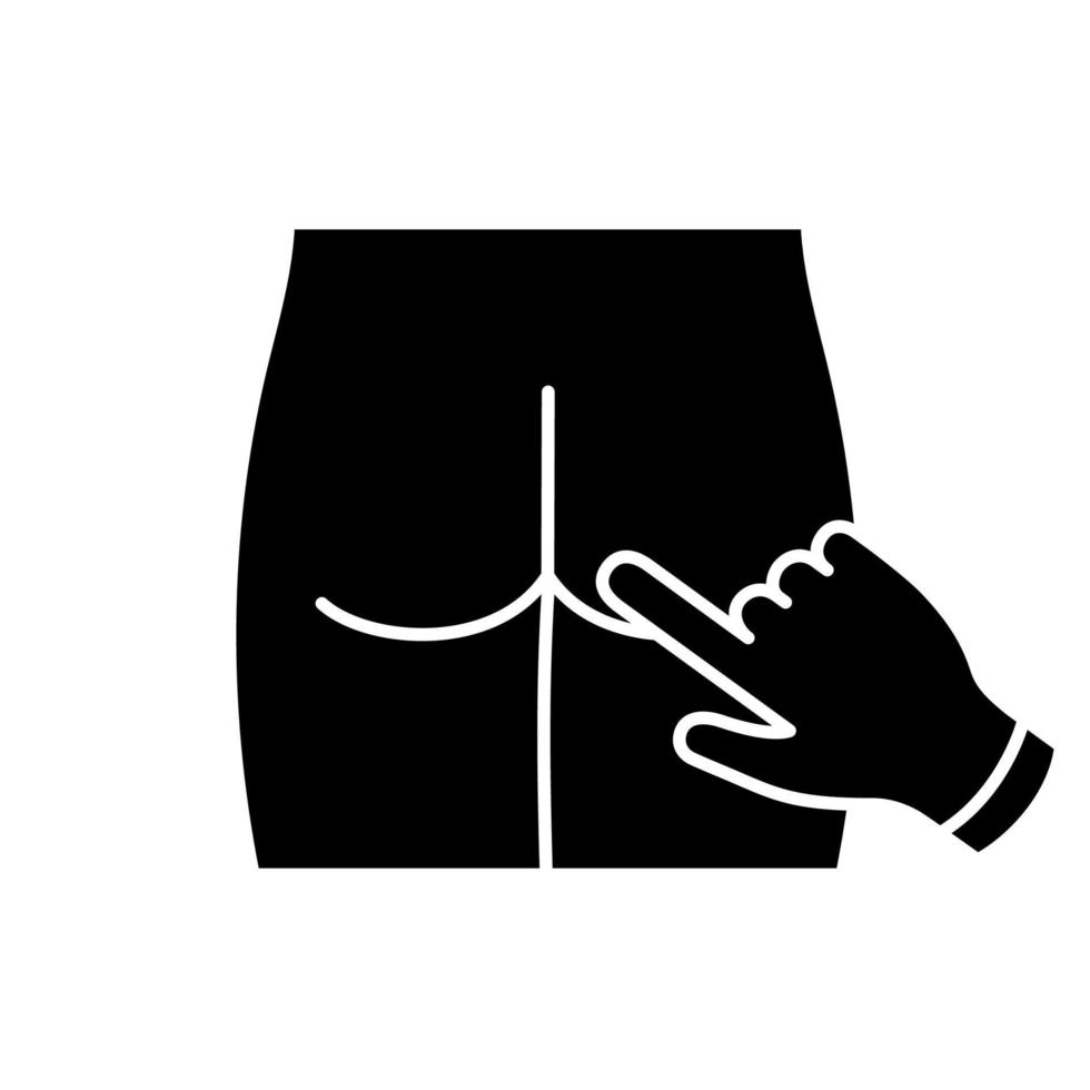 Digital rectal exam glyph icon. Silhouette symbol. Prostate cancer diagnosis. Prostate examination. Urologist appointment. Checking bottom with finger. Negative space. Vector isolated illustration