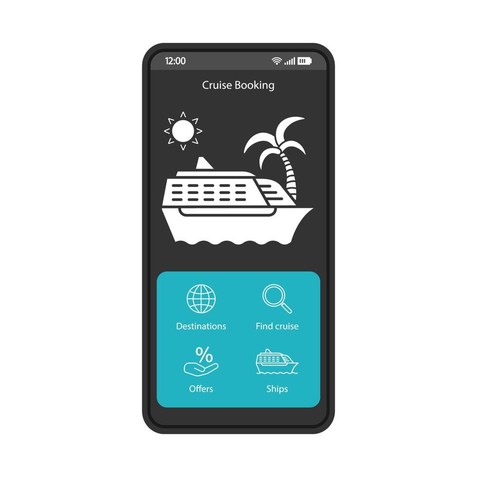 plantilla de vector de interfaz de teléfono inteligente de aplicación de reserva de crucero. diseño de diseño negro móvil. viaje en velero, pantalla de reserva de boletos de vacaciones. aplicación de crucero plana ui. pantalla del teléfono de la página de búsqueda de viajes