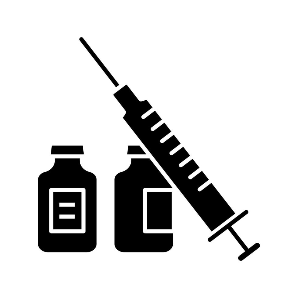 Syringe and vials glyph icon. Silhouette symbol. Flu shot. Vaccination. Virus, infection prevention. Vaccine. Medications, drugs. Negative space. Vector isolated illustration