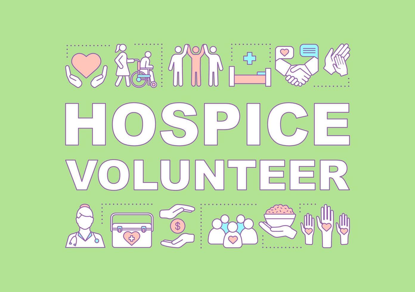 Hospice, hospital volunteer word concepts banner. Nursing. Presentation, website. Medical assistance. Isolated lettering typography idea with linear icons. Vector outline illustration