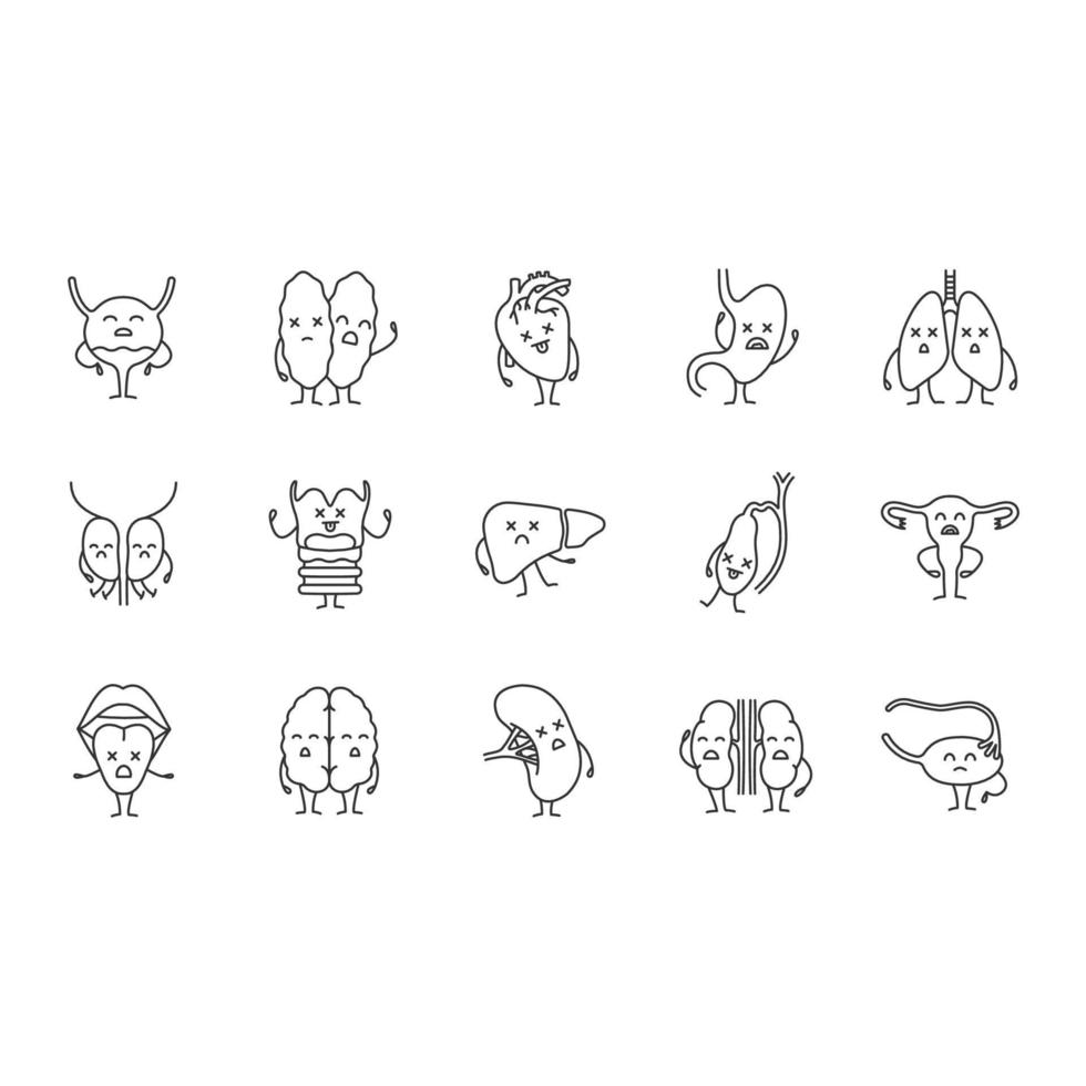 Sad human internal organs characters linear icons set. Thin line contour symbols. Respiratory, urinary, reproductive, digestive systems diseases. Isolated vector outline illustrations. Editable stroke