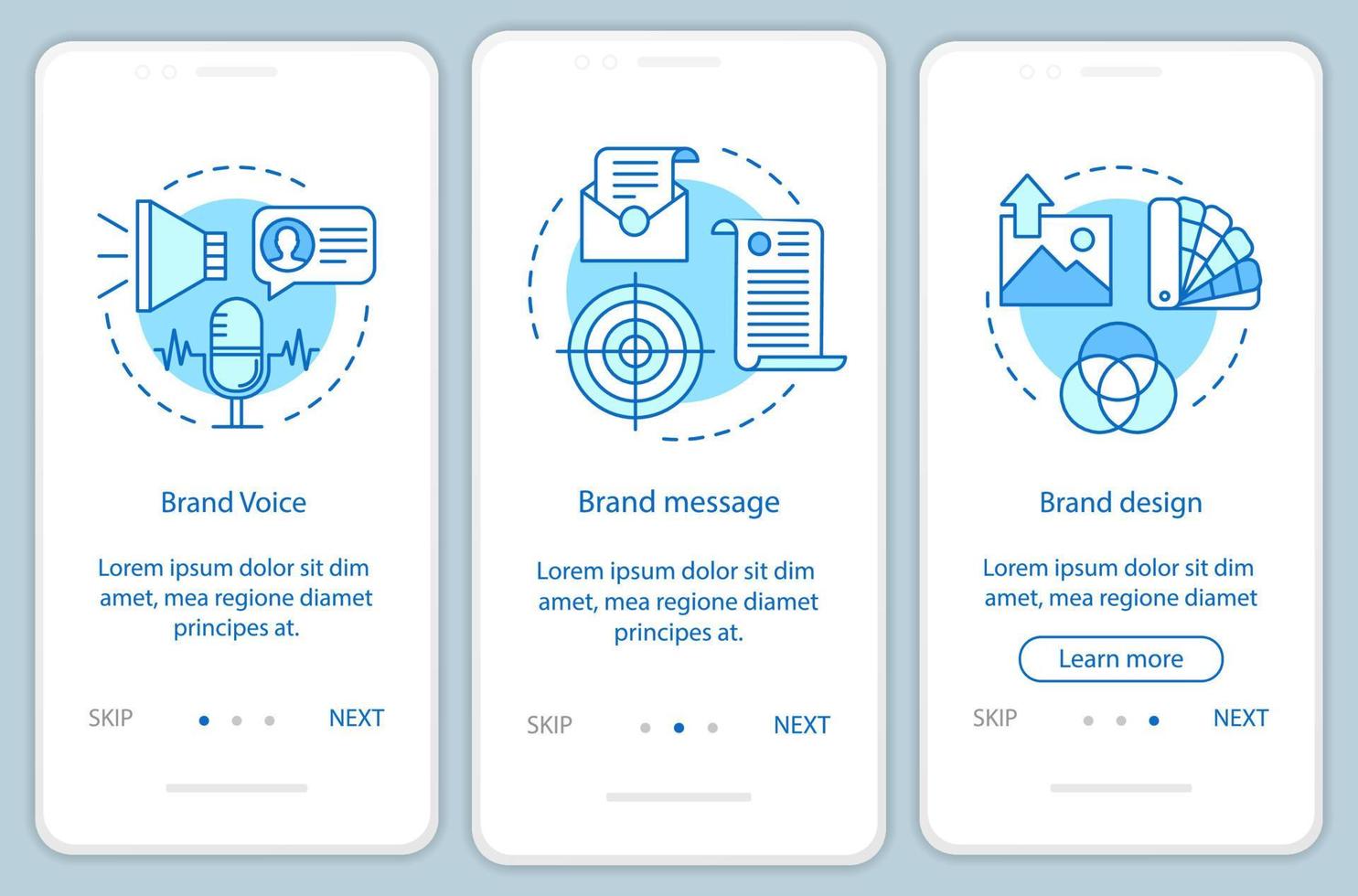 elementos de marca incorporando plantilla de vector de pantalla de página de aplicación móvil. voz de marca. paso a paso del sitio web con ilustración lineal. mensaje de marca y diseño. concepto de interfaz de teléfono inteligente ux, ui, gui