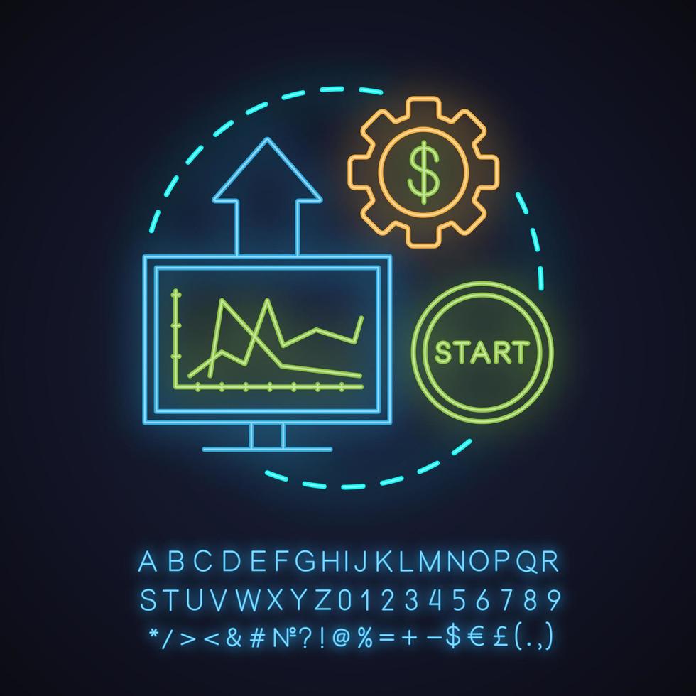 Start earning neon light concept icon. Internet business idea. Traffic conversion. Marketing. Profit growth. Glowing sign with alphabet, numbers and symbols. Vector isolated illustration