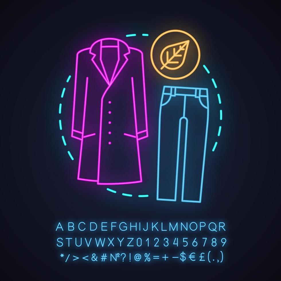 Fall fashion neon light concept icon. Autumn outfit idea. Clothing store. Coat and trousers. Glowing sign with alphabet, numbers and symbols. Vector isolated illustration