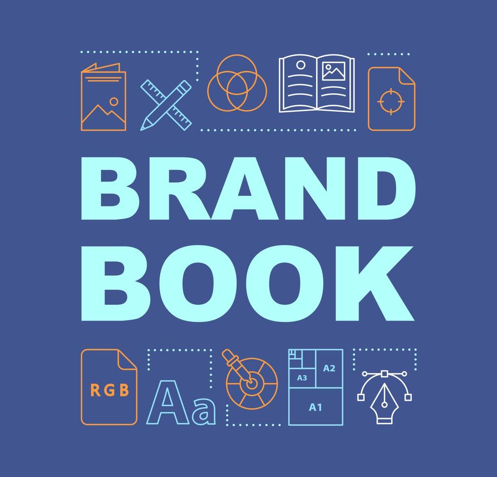 Brand book word concepts banner. Brand concept, attributes description. Official company document. Presentation, website. Isolated lettering typography idea, linear icons. Vector outline illustration