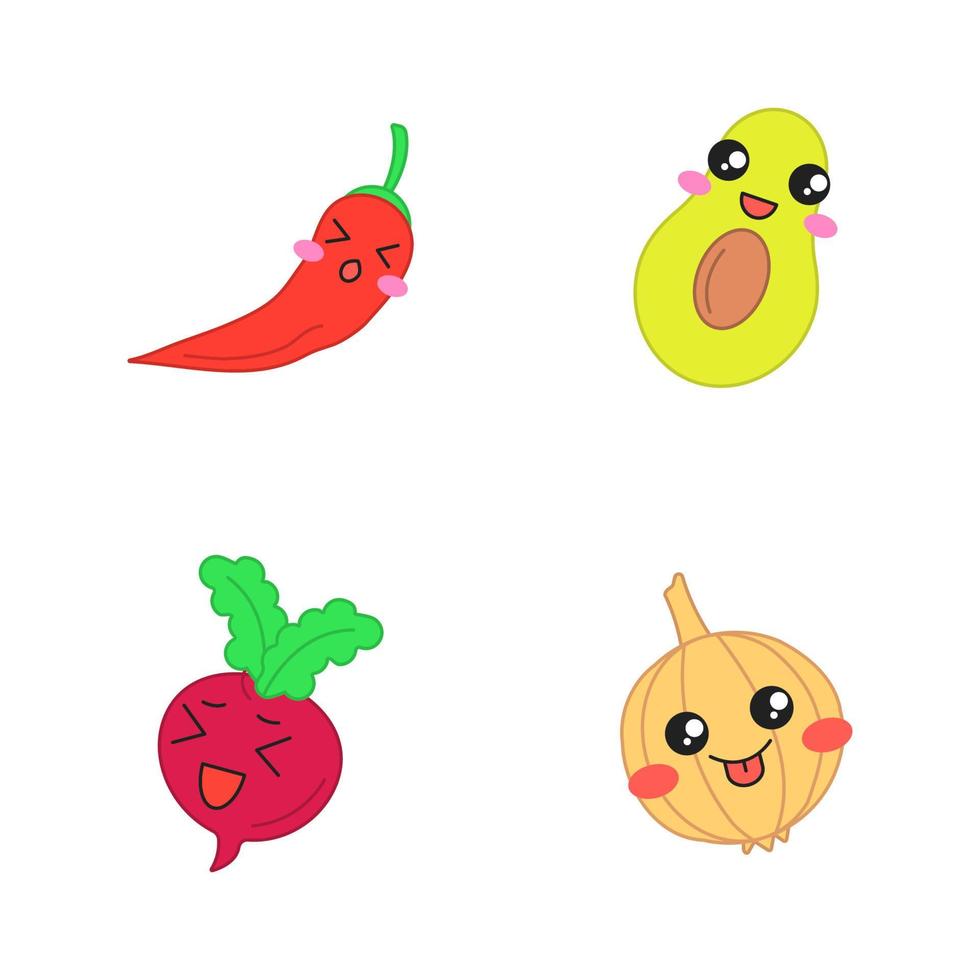 vegetales lindos personajes vectoriales kawaii. aguacate y cebolla con caras sonrientes. Chile cansado y remolacha feliz. comida riendo. emoji divertido, emoticon, sonrisa. ilustración de color de dibujos animados aislado vector