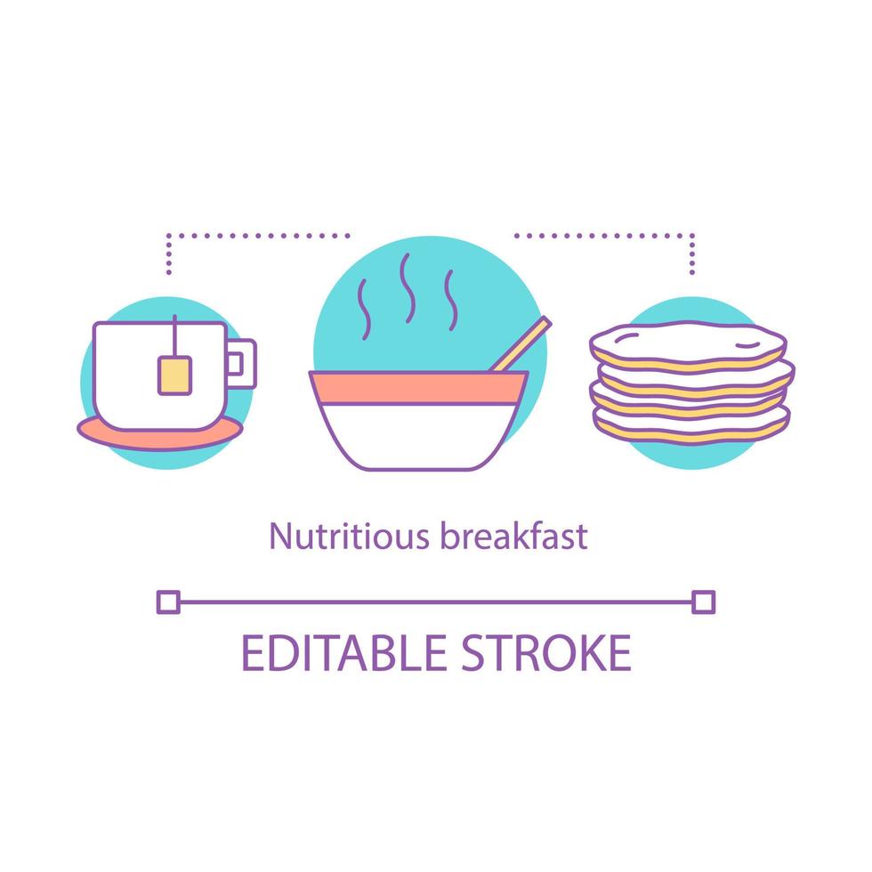 Nutritious breakfast concept icon. Brunch. Cup of tea, hot meal, pancakes. Nourishing food. Lunch idea thin line illustration. Vector isolated outline drawing. Editable stroke