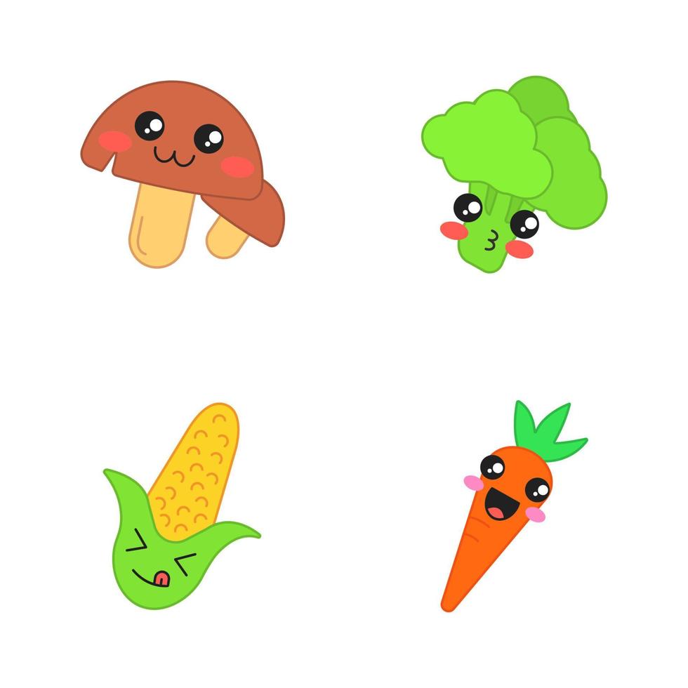 Vegetables cute kawaii vector characters. Mushrooms with smiling face. Happy carrot and corn. Kissing broccoli. Laughing food. Funny emoji, emoticon, smile. Isolated cartoon color illustration