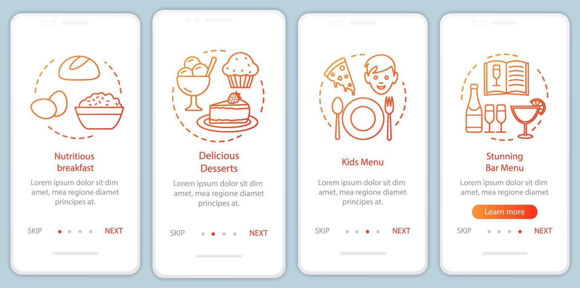 pantalla de la página de la aplicación móvil de incorporación del servicio de alimentos con conceptos lineales. café familiar. Comedor, menú del restaurante, paso a paso, pasos, instrucciones gráficas. ux, ui, plantilla de vector de interfaz gráfica de usuario con ilustraciones