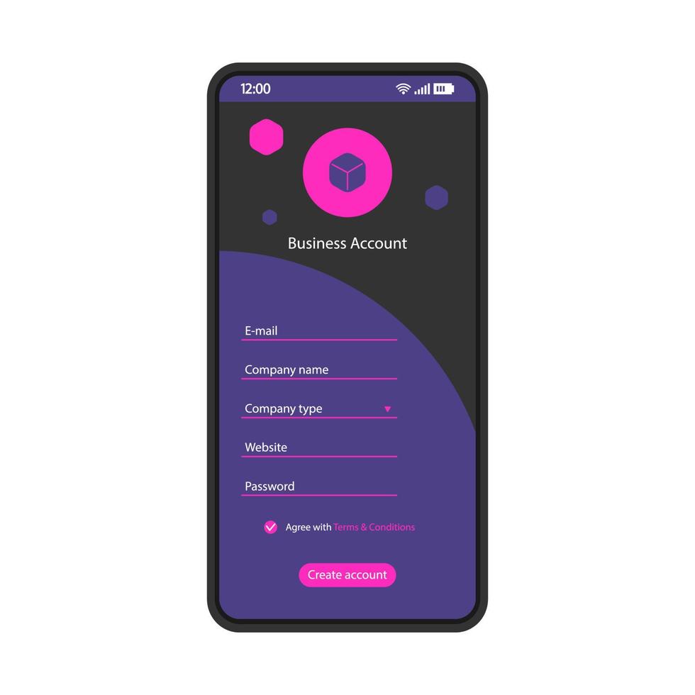 Create business account smartphone interface vector template. Mobile register page black design layout. Sign up fields app screen. Flat UI for application. Company registration form. Phone display