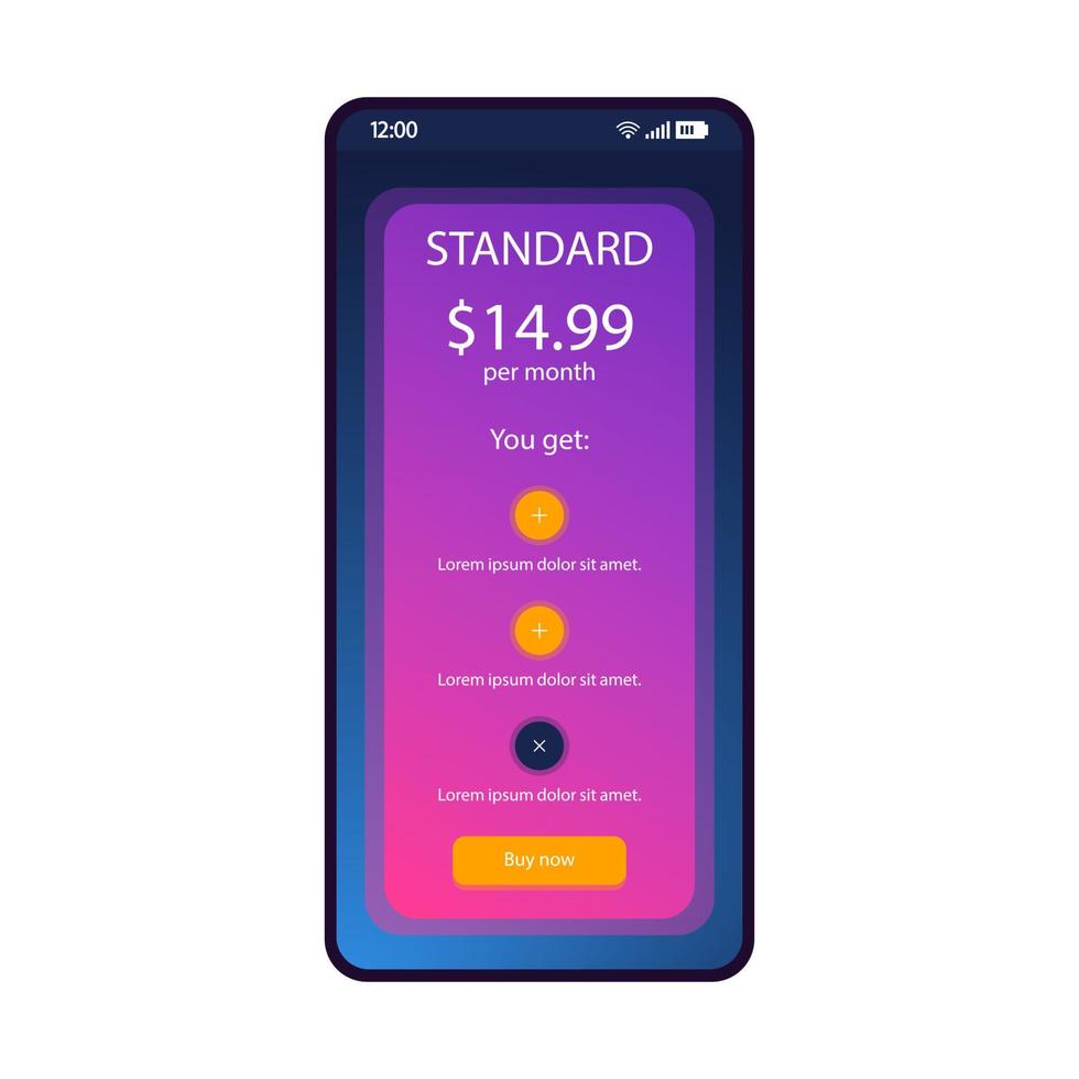 Tariff plan smartphone interface vector template. Mobile operator app page blue design layout. Monthly payment screen. Flat UI for application. Postpaid bill. Prices service pack. Phone display