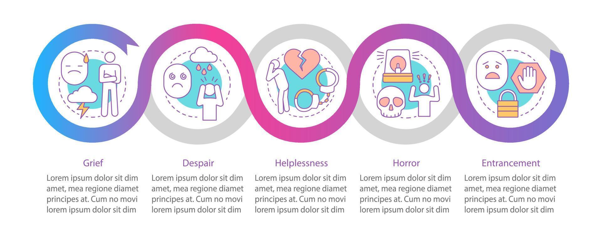 Hard feelings vector infographic template. Grief, despair, helplessness. Business presentation design elements. Data visualization with five steps and options. Process timeline chart. Workflow layout