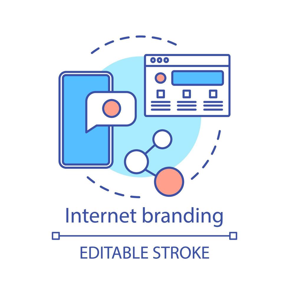 Internet branding concept icon. E-branding idea thin line illustration. SEO, online marketplace. Web development. Brand management. orporate image. Vector isolated outline drawing. Editable stroke