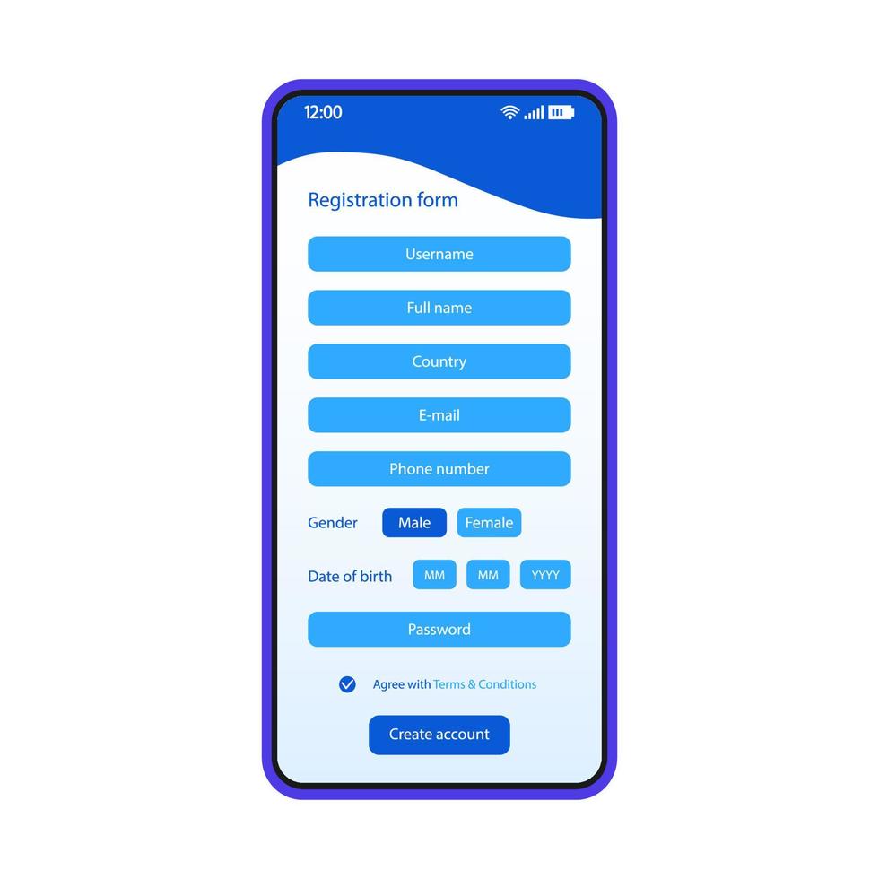 Registration form smartphone interface vector template. Mobile login page blue design layout. Sign up required fields. Create account screen. Flat UI for application. New user register. Phone display